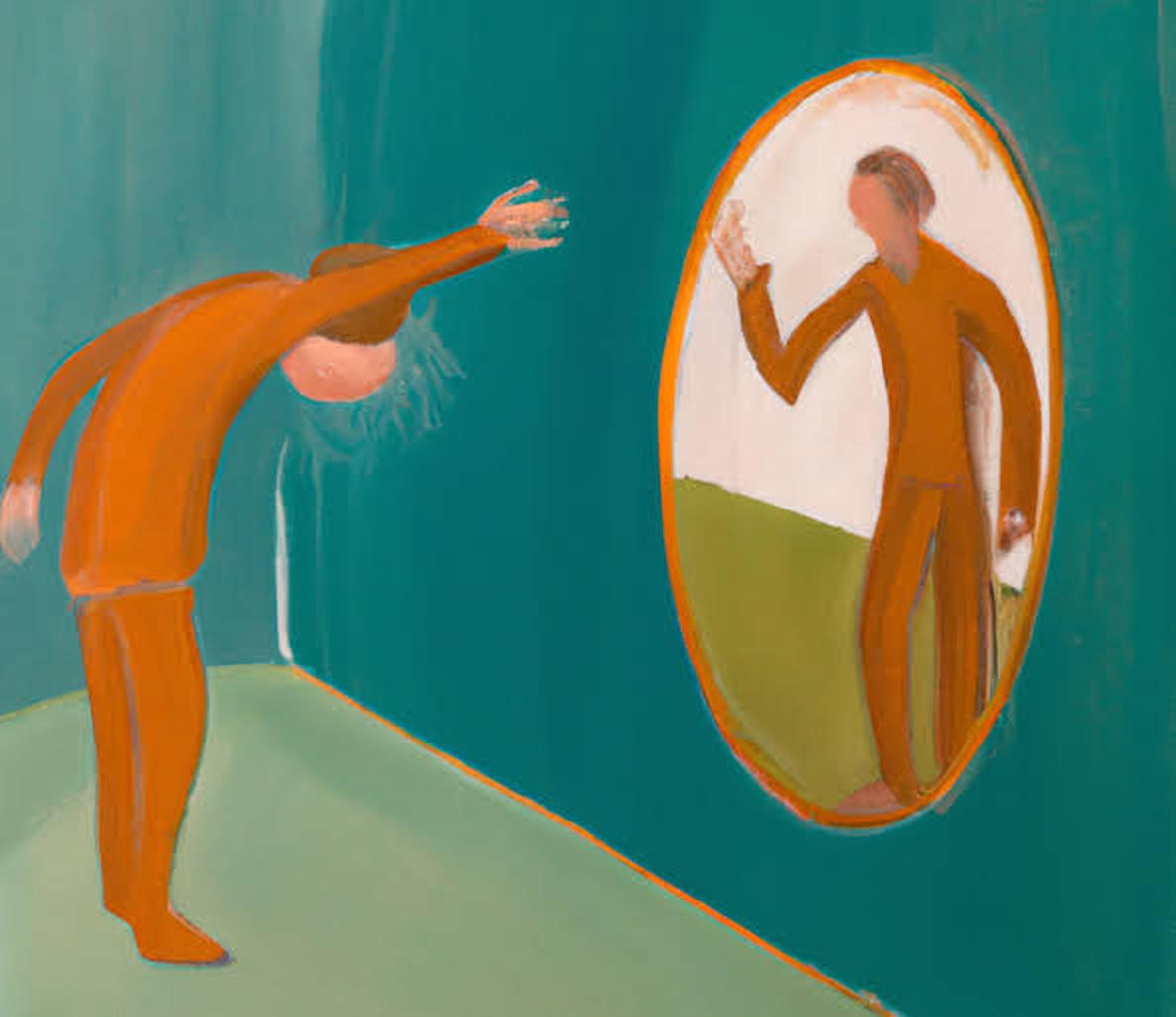 Illustration of a figure leaning forward and reaching toward an oval mirror, whose reflection stands upright and calm rather than mirroring the figure's actual posture.